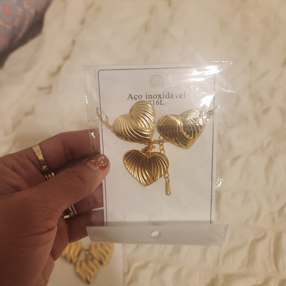 Gold Heart Pendant Necklace and Earring Set - Stainless Steel